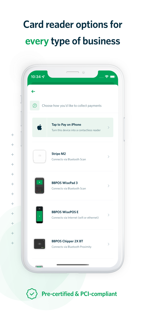 Payment: Stripe Tap to Pay - A mobile interface showing card reader options including Tap to Pay on iPhone and Stripe M2 readers
