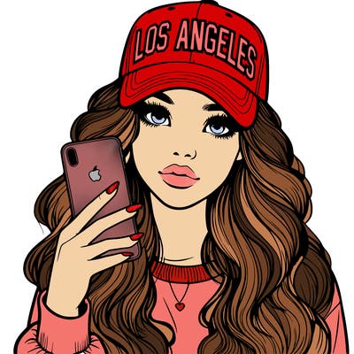 realistic beautiful girl wearing los ángeles cap holding an iphone