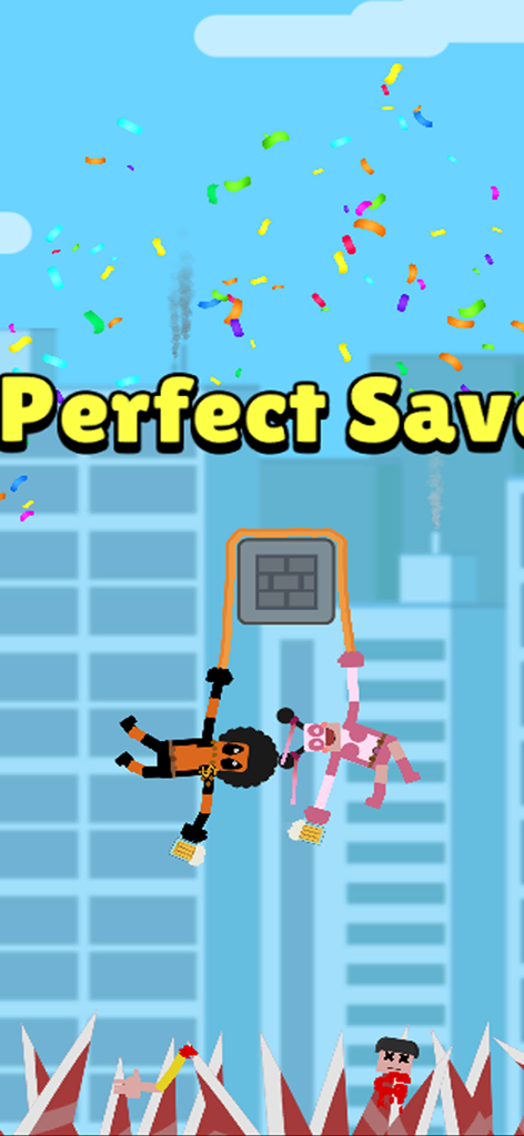 Fall Boys: Rope Rescue - Two characters hanging from a rope above a spike trap with Perfect Save text and falling confetti