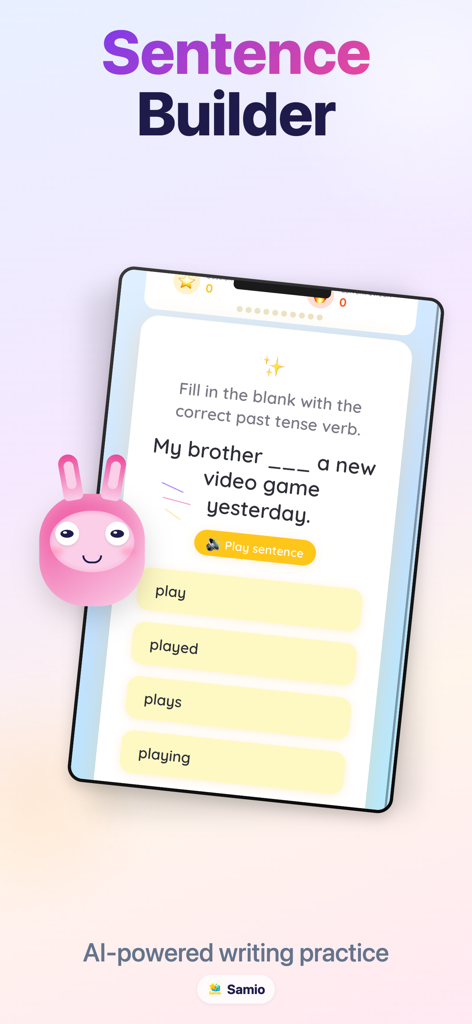 Samio Learning - AI-powered grammar practice screen in the Samio Learning educational app.