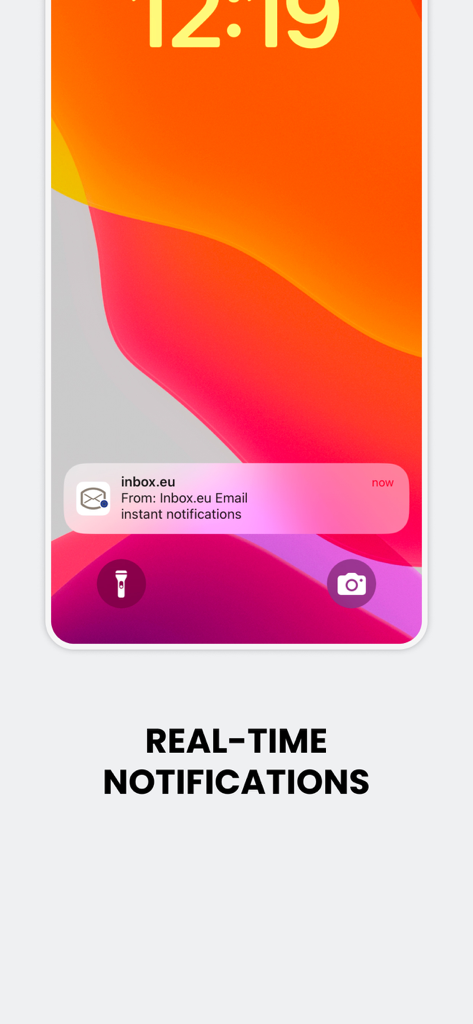 inbox.eu - iPhone lock screen showing a real-time email notification from the inbox.eu app