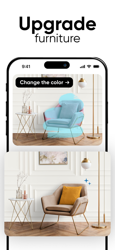 Deco - AI Home Design - Interface do aplicativo Deco AI demonstrando a personalização da cor dos móveis em um cômodo moderno