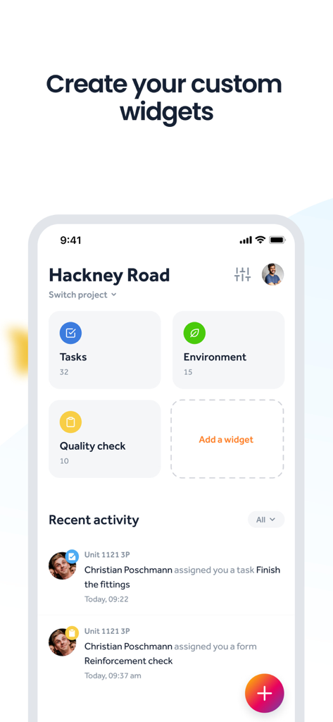 Finalcad One app interface showing custom project widgets and recent activity feed for construction management