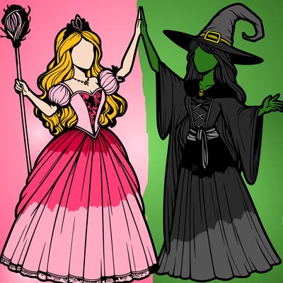 detailed realistic split of a princess and a witch