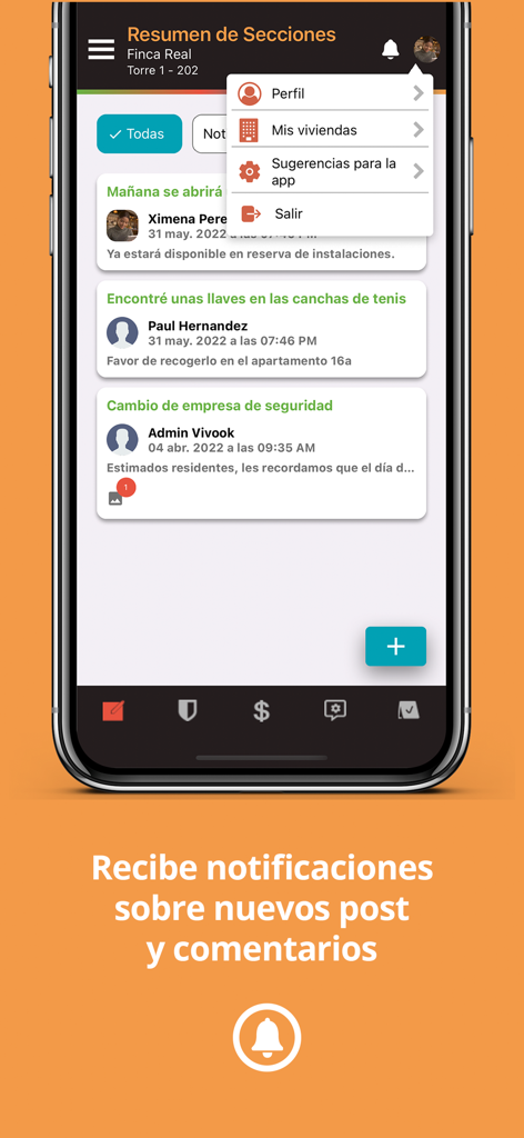 Vivook app interface showing community posts and notification settings for residential management.
