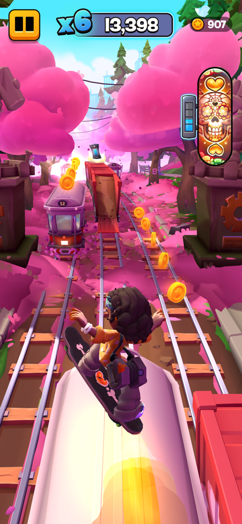 Subway Surfers City - Un personaje surfeando en una tabla flotante a través de un vibrante distrito urbano de color rosa con árboles de cerezo en flor en Subway Surfers City.