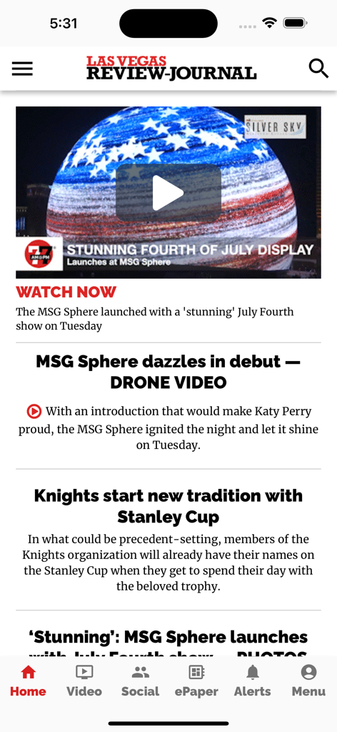 Pantalla de inicio de la aplicación Las Vegas Review-Journal que presenta noticias locales sobre la MSG Sphere y los Vegas Golden Knights.
