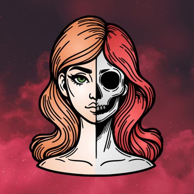 bust of a woman, half face and hair, half skull