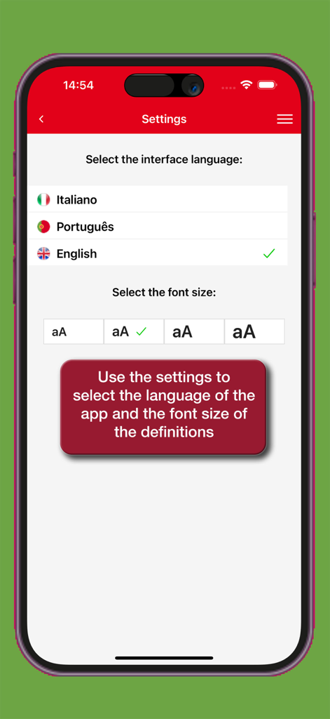 Hoepli dictionary app settings screen for selecting interface language and font size