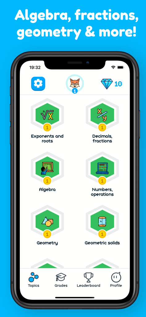 A math app screen displaying various educational topics including algebra geometry and fractions