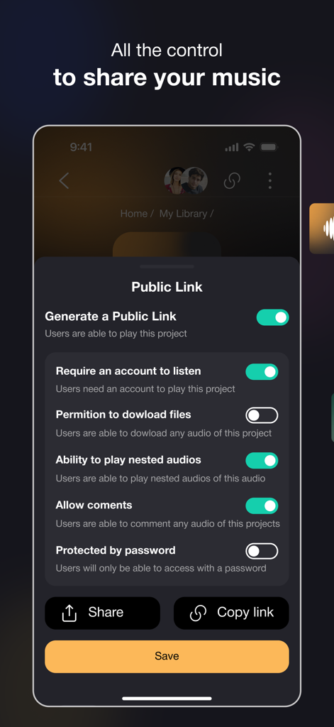 Musive: For Music Artists - Interface showing secure sharing and public link options for music artists in the Musive app