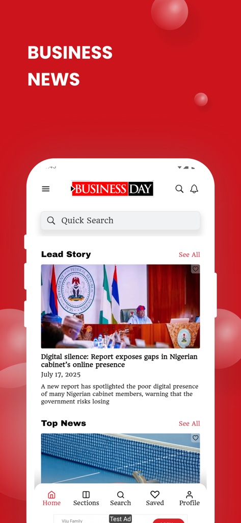 BusinessDay News mobile app interface showing the latest Nigerian business headlines and market analysis stories
