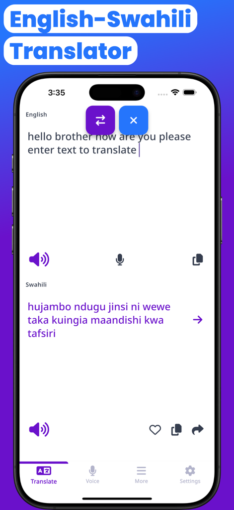 Interfaz de la aplicación traductor Suajili-Inglés que muestra una traducción de texto de inglés a suajili en la pantalla de un iPhone