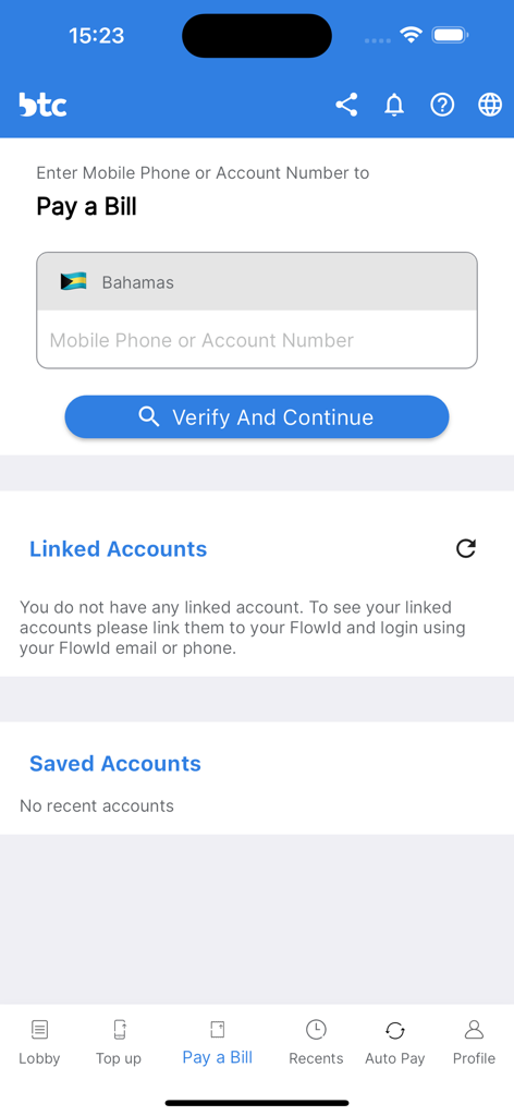 MyBTC - Interface of the MyBTC app showing the Pay a Bill screen for Bahamas mobile accounts