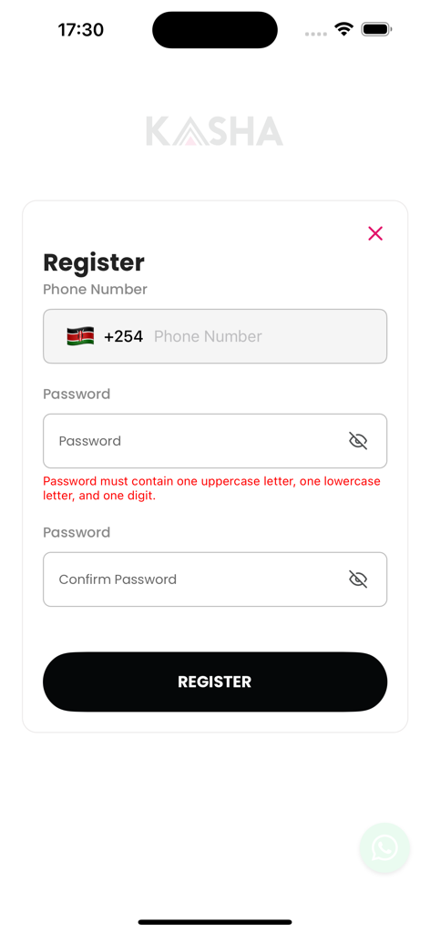 Kasha Care - Kasha Care 모바일 앱 등록 화면, 사용자 가입을 위한 전화번호 및 비밀번호 입력 필드가 특징입니다.