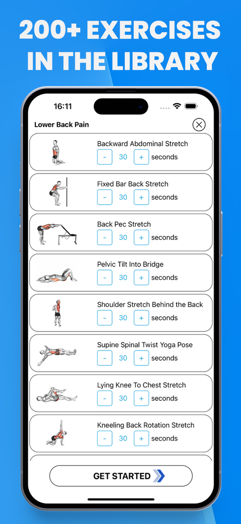 Stretch for Pain & Tension - The Stretch for Pain and Tension app screen showing a library of exercises specifically for lower back pain relief.