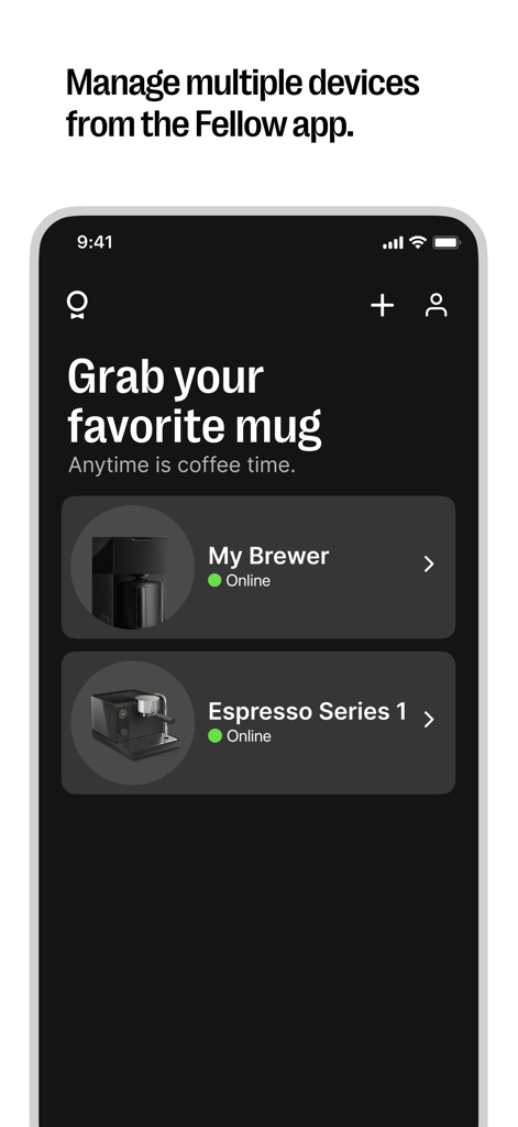 Fellow - A interface do aplicativo móvel Fellow mostrando uma lista de dispositivos conectados, incluindo uma cafeteira e uma máquina Série Espresso 1.