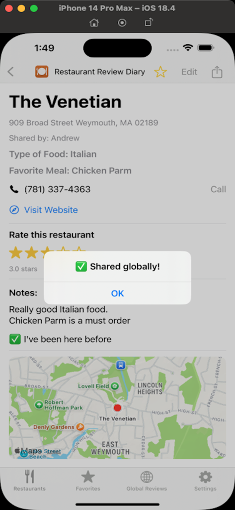 Restaurant Review Diary - A restaurant details screen in the Restaurant Review Diary app showing a shared globally confirmation popup.