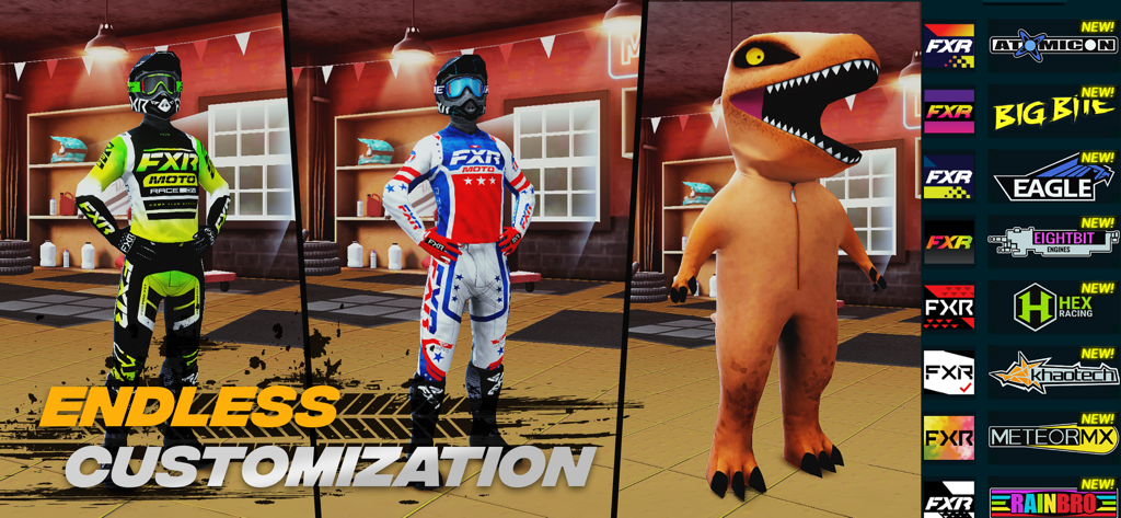 Mad Skills Motocross 3 - Mad Skills Motocross 3 Anpassungsbildschirm mit verschiedenen Fahrer-Outfit-Sets und einem Dinosaurier-Kostüm