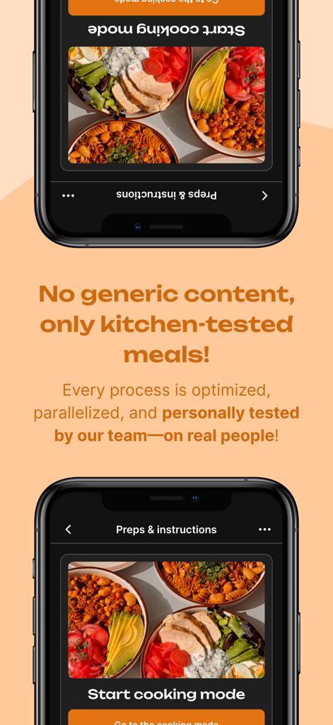 Mealpreper Guide: Plan & Cook! - Interface da aplicação Mealpreper Guide mostrando refeições testadas na cozinha e instruções do modo de cozinha