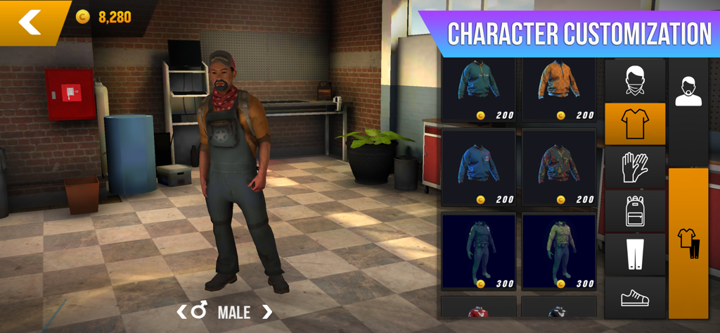 Character customization screen in Car Parking Multiplayer showing a male avatar in a garage and a selection of clothing options