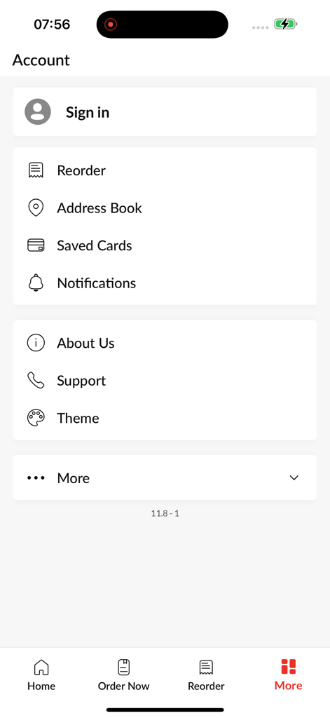 Ashoka. - User account menu in the Ashoka app showing options for signing in reordering and saved address book.