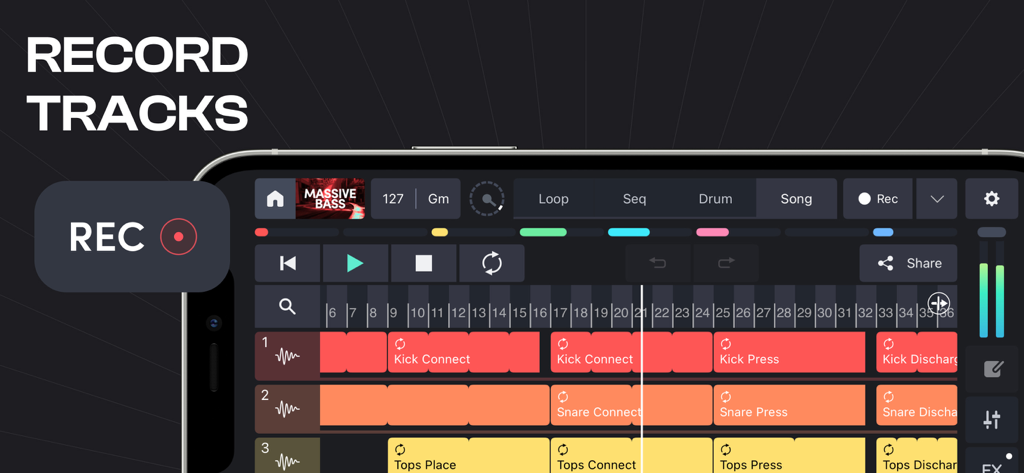 Remixlive - Make Music & Beats - 레코드 버튼과 오디오 루프가 있는 멀티 트랙 음악 녹음 시퀀서를 보여주는 Remixlive 모바일 앱 인터페이스.