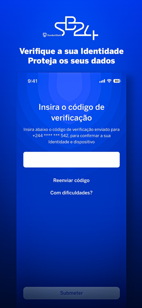 SB24 - SB24 mobile banking app identity verification screen in Portuguese showing a security code entry field.
