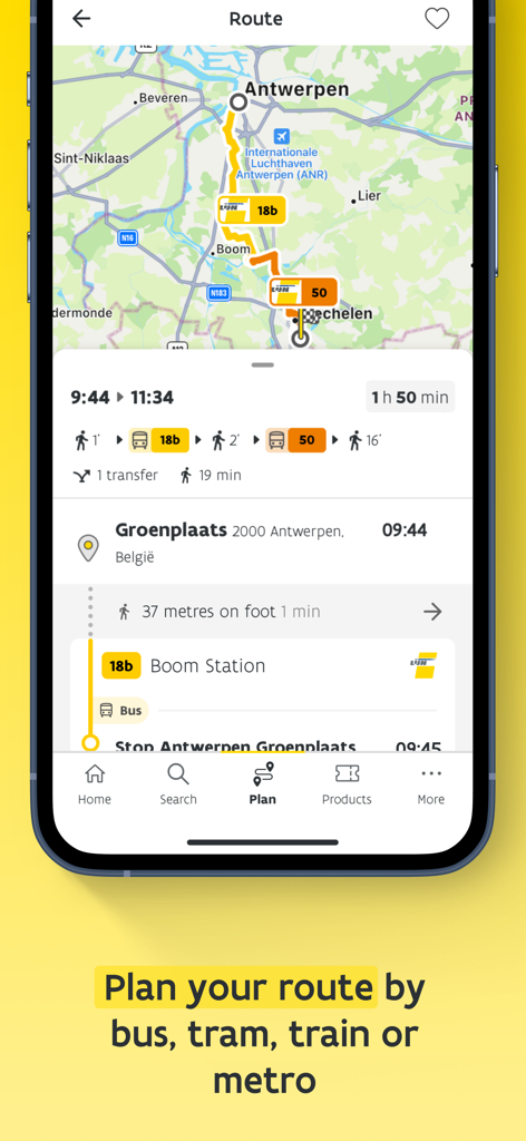 De Lijn app interface showing a transit route between Antwerp and Mechelen