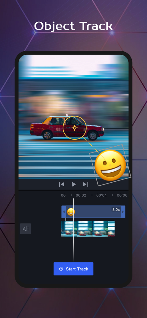OviCut app interface showing the object track feature used to follow a moving car with an emoji