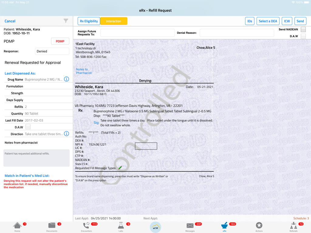 eClinicalTouch医療アプリのデジタルe処方箋再発行リクエスト画面に、患者と薬剤の詳細が表示されています。