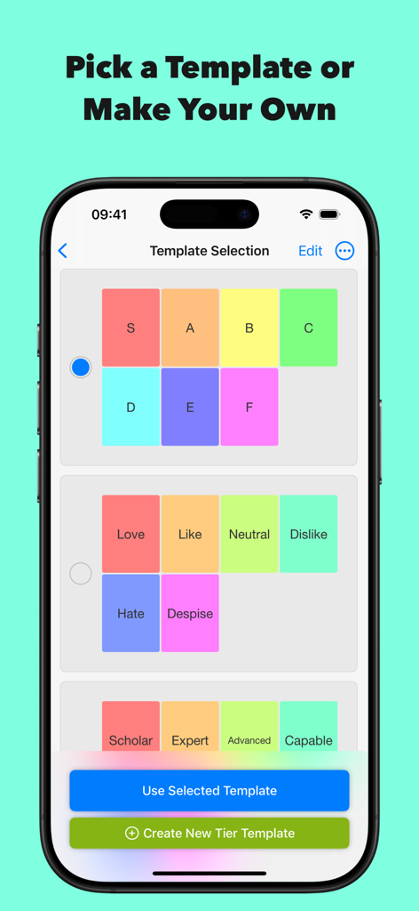 TierCreator app screen showing various tier list templates including standard ranks and emotional categories