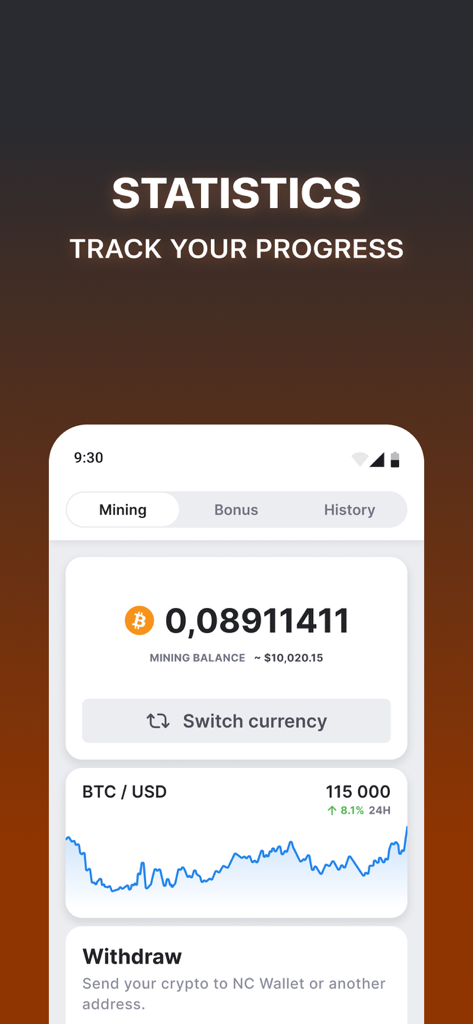 CT Pool app interface showing Bitcoin mining balance and market price chart