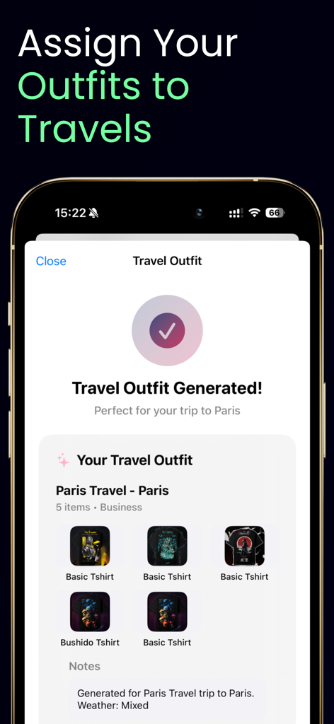 Closet & Outfit Organizer - Generated travel outfit for a Paris trip in the Closet and Outfit Organizer app.