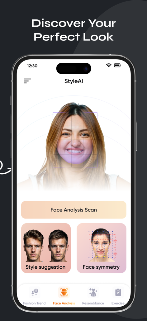 Style AI mobile app interface showing a facial analysis scan grid over a selfie with style suggestion and face symmetry features.