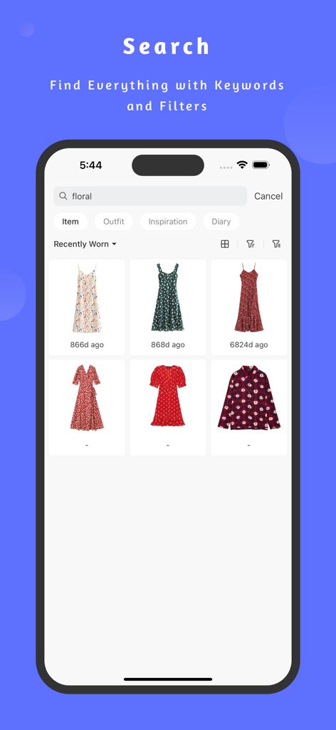 SimpleCloset: Digital Wardrobe - Suchbildschirm der SimpleCloset-App, der digitale Garderobenartikel anzeigt, gefiltert nach dem Stichwort floral