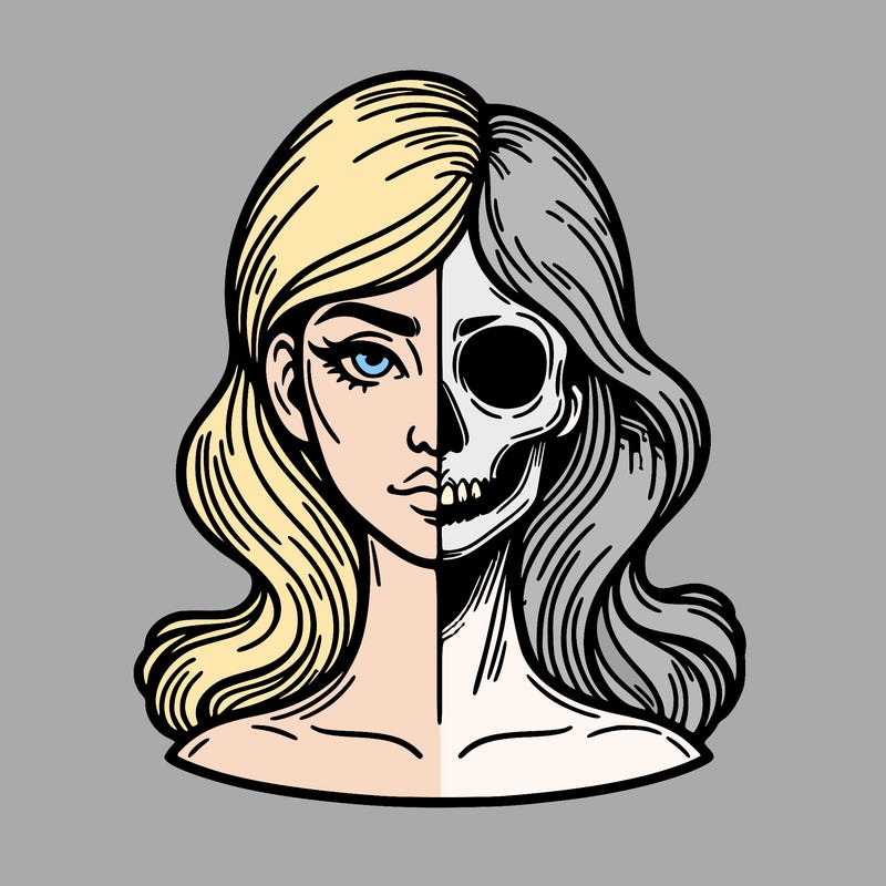 bust of a woman, half face and hair, half skull