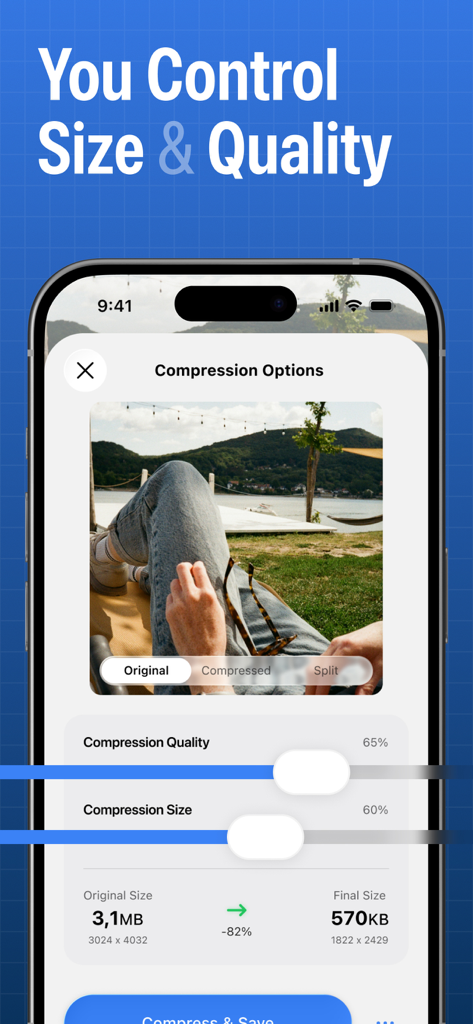 사진 압축 품질 및 크기를 조정하여 휴대폰 저장 공간을 절약하는 슬라이더를 보여주는 모바일 인터페이스