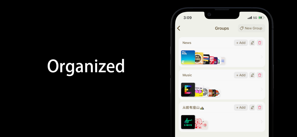 Moon FM - The Podcasts App - Tela do aplicativo Moon FM mostrando podcasts organizados em grupos de notícias e música