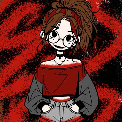 girl with a messy ponytail glasses a baggy crop top and jean shorts