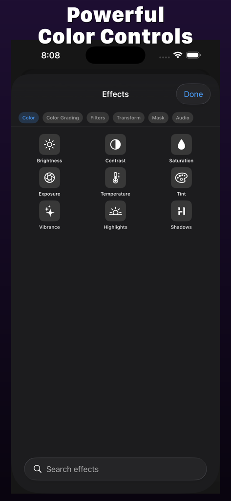 Montaj - Video Editor - Interface of the Montaj app showing professional color adjustment tools like brightness, contrast, and saturation for video editing
