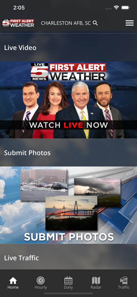 WCSC Live 5 Weather - WCSC Live 5 Weather app interface featuring the live video weather team and photo submission section