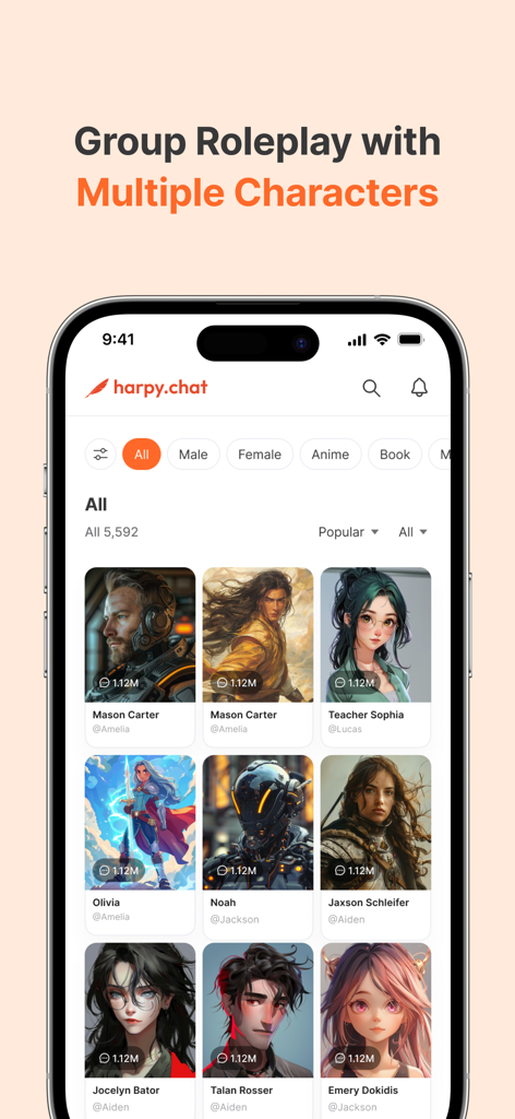 harpy.chat - 그룹 롤플레잉을 위한 다양한 AI 캐릭터를 보여주는 harpy.chat 앱 인터페이스
