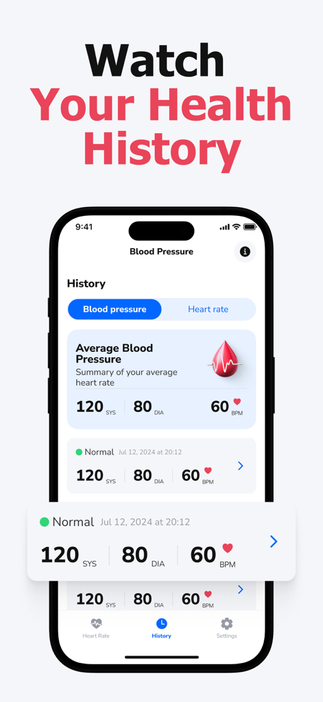 Blood Pressure ◦ Smart Tracker - An iPhone displaying the health history screen of the Blood Pressure Smart Tracker app showing systolic and diastolic readings.