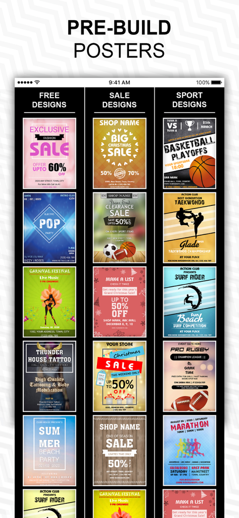 Fab Poster Maker Flyer Designs - Una colección de plantillas de póster preconstruidas para diseños gratuitos, de ofertas y deportivos dentro de la aplicación Fab Poster Maker