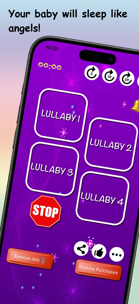 Interfaz de la aplicación Nana para dormir con cuatro pistas de música y un temporizador de sueño