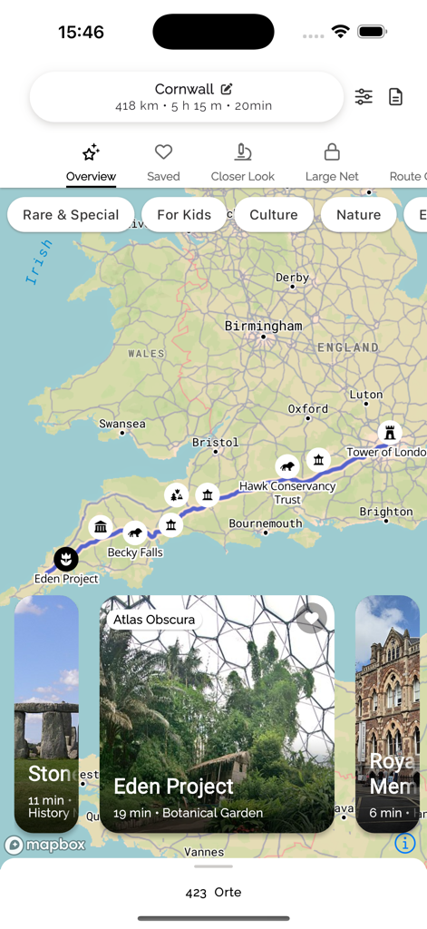 On the way: road trip app - A road trip planning app map showing a route through Southern England with icons for attractions and detour time cards for the Eden Project and Stonehenge.