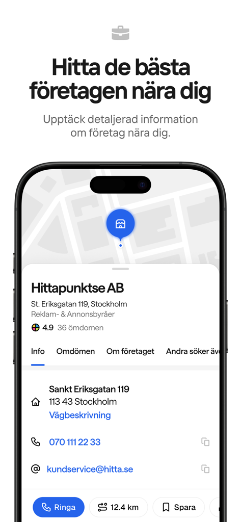 hitta.se - hitta.se mobile app interface showing a detailed business profile in Stockholm with contact info and map