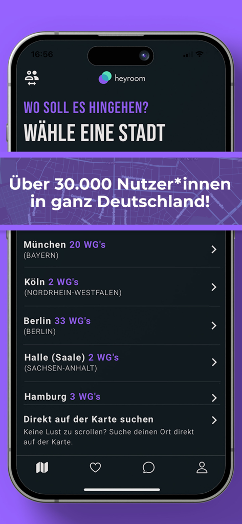 heyroom - WG's suchen & finden - A mobile screen from the heyroom app showing a list of German cities like Munich, Berlin, and Hamburg for choosing a roommate community.