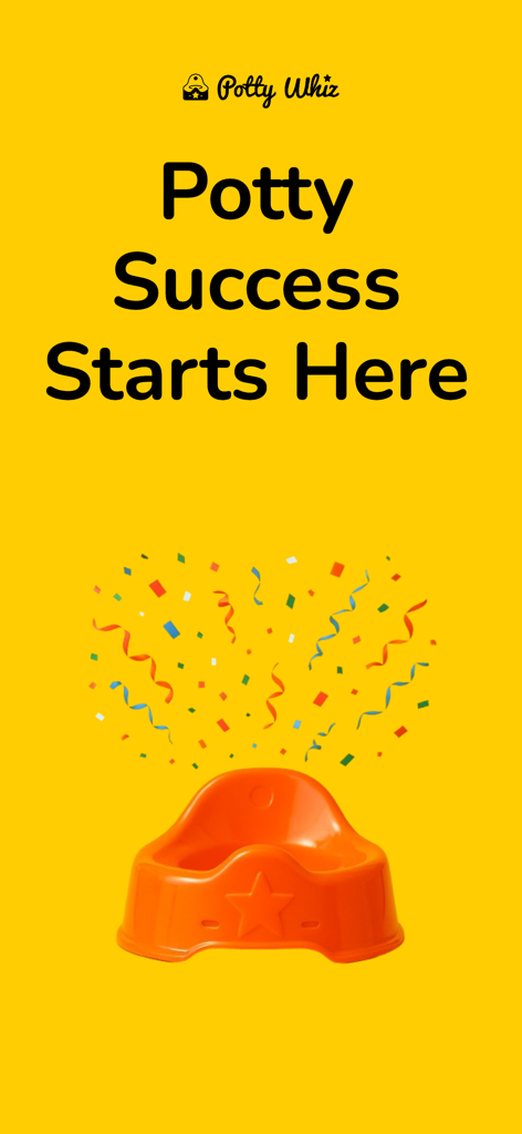 Potty Whiz: Training App - Potty Whiz app screen with an orange toddler potty chair and celebratory confetti on a yellow background with the text Potty Success Starts Here